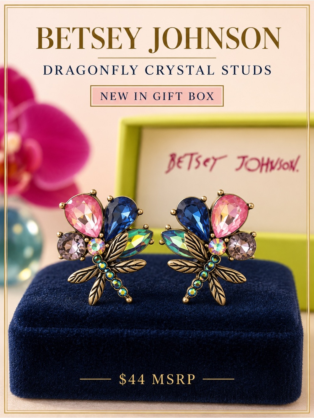 Betsey Johnson Dragonfly Rhinestone Earrings New In‎ Gift Box $44 MSRP